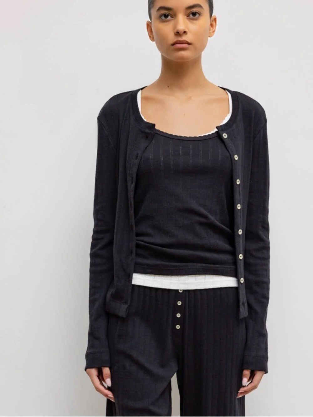 LESET Black Pointelle Button-Front Cardigan